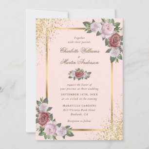 Blush Pink und Gold Rahmen Confetti Blumenzehen Einladung