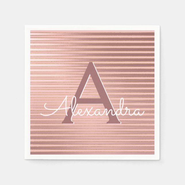 Blush Pink und Gold Streifen Monogram Birthday Serviette (Vorderseite)