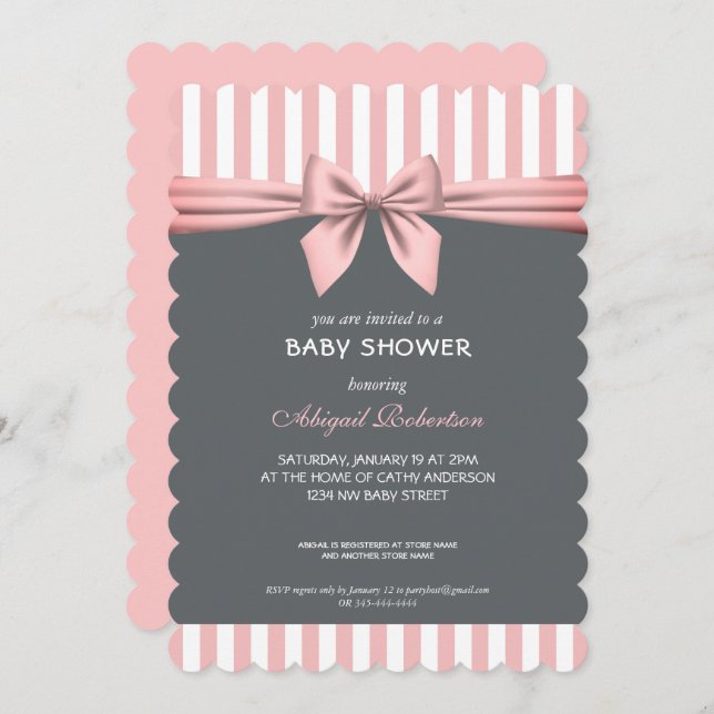 Blush Pink und Grau Streifen Bow Baby Dusche Invit Einladung (Vorne/Hinten)