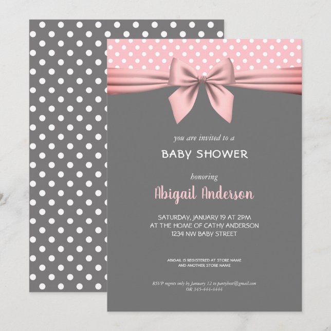 Blush Pink und Gray Polka Dot Bow Baby Dusche Einladung (Vorne/Hinten)