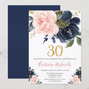 Blush pink und marineblau Blumen 30. Geburtstag Einladung