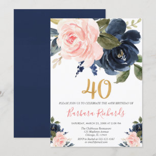 Blush pink und marineblau Blumen 40. Geburtstag Einladung