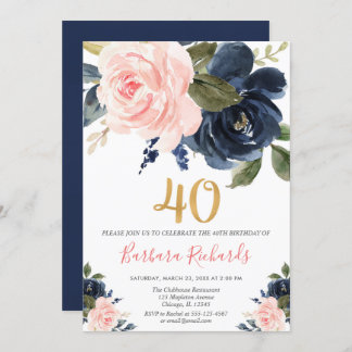 Blush pink und marineblau Blumen 40. Geburtstag Einladung
