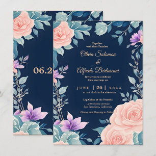 Blush pink und Navy Blue Blumen elegant modern Einladung