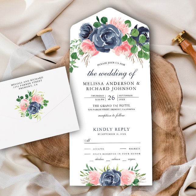 Blush Pink und Navy Blue Floral Bouquet Wedding All In One Einladung (Von Creator hochgeladen)