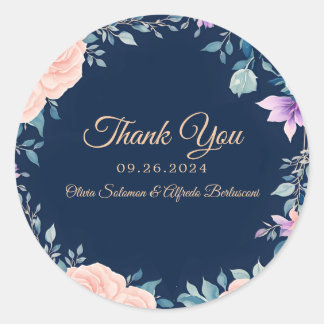 Blush Pink und Navy Blue Floral Elegante Moderne Runder Aufkleber