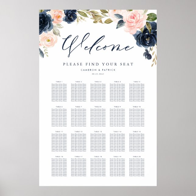 Blush Pink und Navy Blue Floral Hochzeitssitze Poster (Vorne)