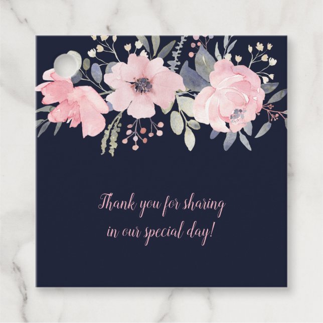 Blush Pink und Navy Floral Square Hochzeit | Geschenkanhänger (Vorderseite)
