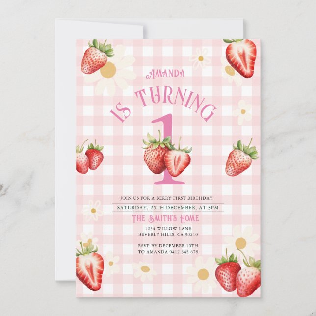 Blush Pink und Red Strawberry Daisy Birthday Einladung (Vorderseite)