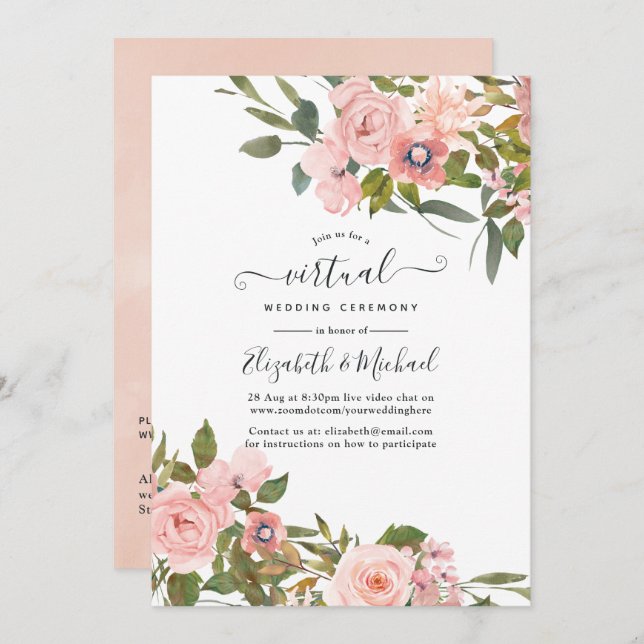 Blush Pink und Rose Gold Bloral Virtual Wedding Einladung (Vorne/Hinten)