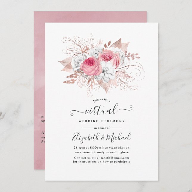 Blush Pink und Rose Gold Bloral Virtual Wedding Einladung (Vorne/Hinten)