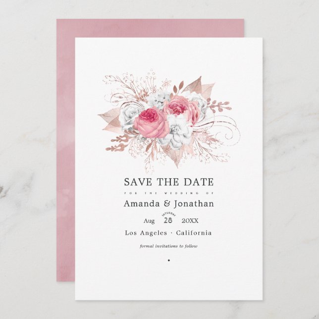 Blush Pink und Rose Gold Blumenzehen Save The Date (Vorne/Hinten)