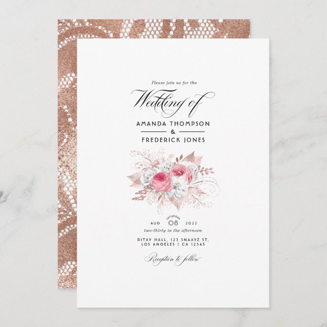 Blush Pink und Rose Gold Floral and Lace Wedding I Einladung (Vorne/Hinten)