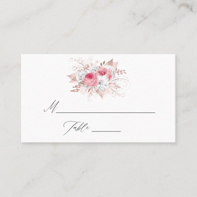 Blush Pink und Rose Gold Floral and Lace Wedding Platzkarte (Vorderseite)