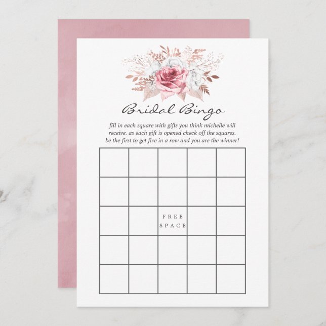 Blush Pink und Rose Gold Floral Bridal Bingo Einladung (Vorne/Hinten)