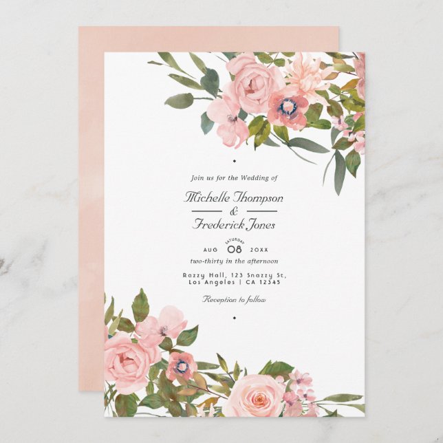 Blush Pink und Rose Gold Floral QR Code Hochzeit Einladung (Vorne/Hinten)
