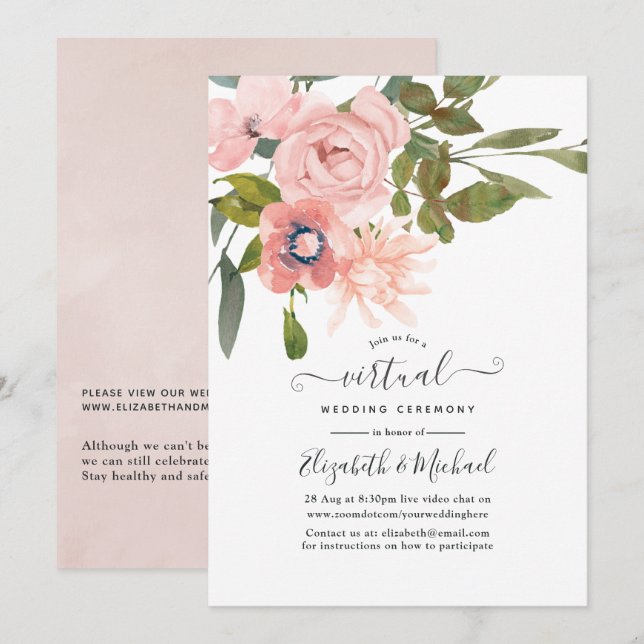 Blush Pink und Rose Gold Online Virtual Wedding Einladung (Vorne/Hinten)