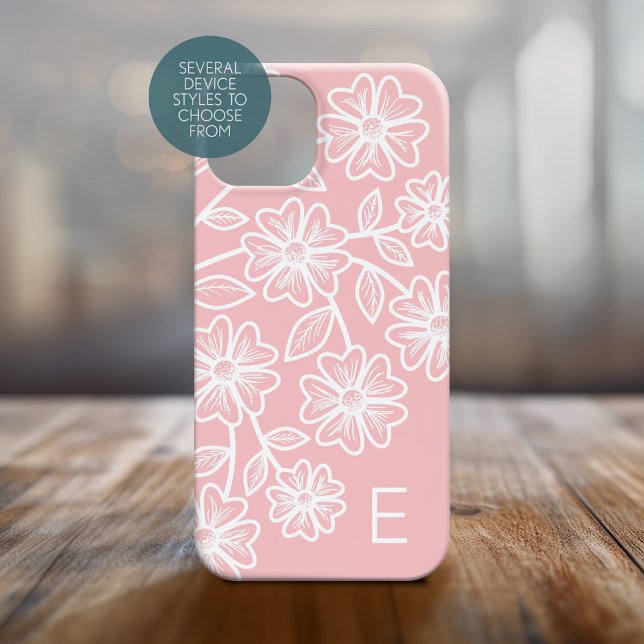 Blush Pink und White Line Zeichnend Blumenmuster Case-Mate iPhone Hülle (Personalized Phone Case with Custom Text and Trendy Design)