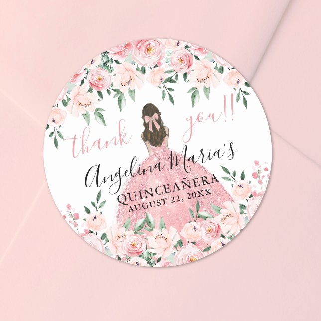 Blush Pink Vielen Dank, Quinceanera Floral Runder Aufkleber (Blush Pink Thank You Floral Quinceanera Classic Round Sticker )