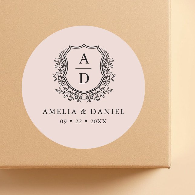 Blush Pink Wappen Moderne Monogram Wedding Runder Aufkleber (Von Creator hochgeladen)