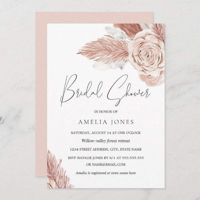 Blush Pink Wassercolor Boho Blume Brautparty Einladung (Vorne/Hinten)