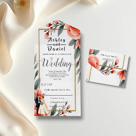 Blush Pink Wasserfarbe Blumenbraun Hochzeit All In One Einladung