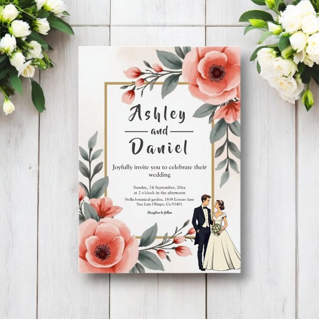 Blush Pink Wasserfarbe Blumenbraun Hochzeit Einladung (Von Creator hochgeladen)