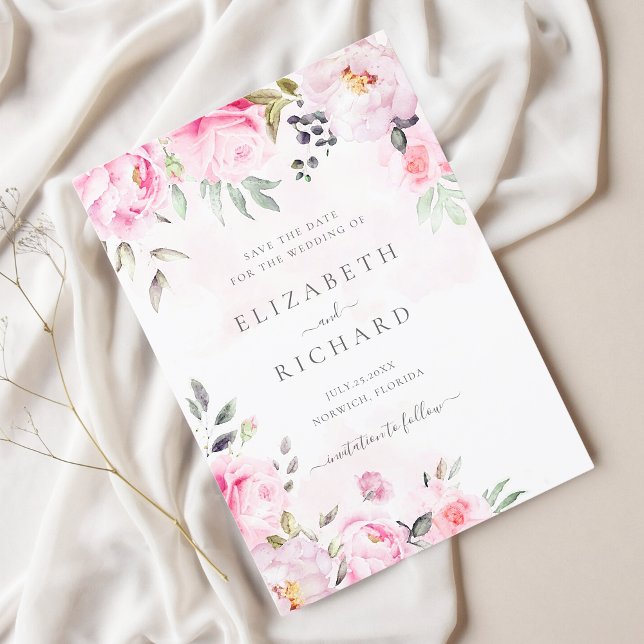 Blush Pink Wasserfarbe Blumengrün Hochzeit Save The Date (Von Creator hochgeladen)