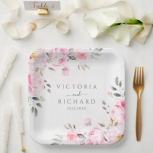 Blush Pink Wasserfarbe Blumenzellenhochzeit Pappteller