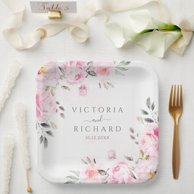 Blush Pink Wasserfarbe Blumenzellenhochzeit Pappteller (Hochzeit)