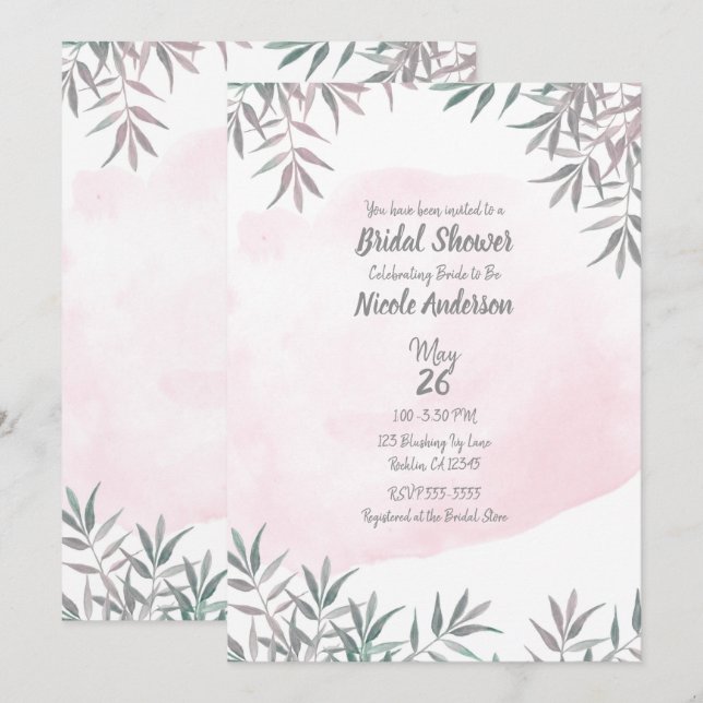 Blush Pink Wasserfarbe Botanisches Chic Brautparty Einladung (Vorne/Hinten)