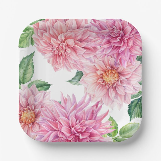Blush Pink Wasserfarbe Dahlia Blumenmuster Pappteller (Vorderseite)