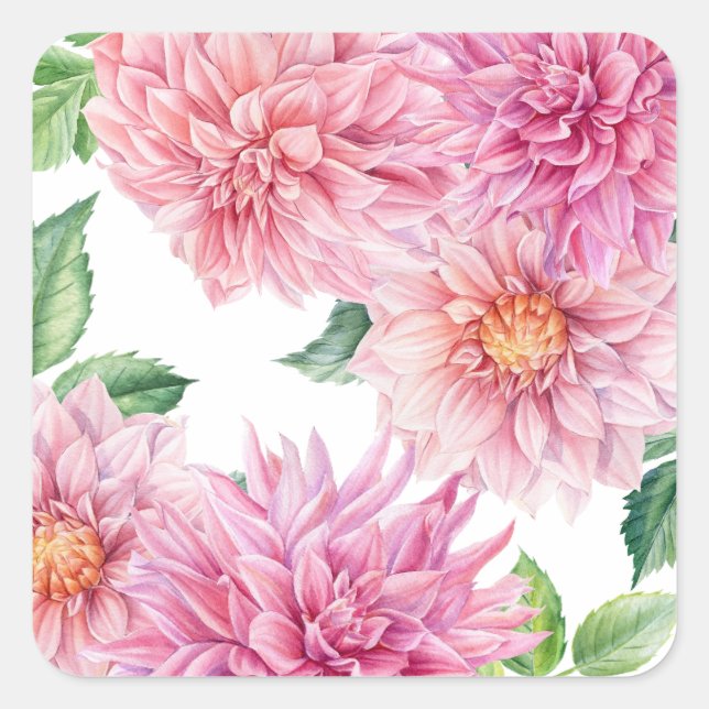 Blush Pink Wasserfarbe Dahlia Blumenmuster Quadratischer Aufkleber (Vorderseite)