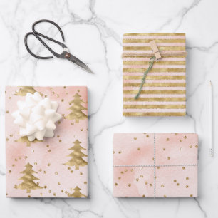 Blush Pink Wasserfarbe Gold Weihnachtsbaum   Geschenkpapier Set
