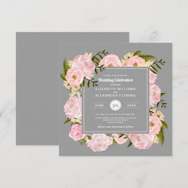 Blush Pink Wasserfarbe Peonies Grau Hochzeit Einladung (Vorne/Hinten)