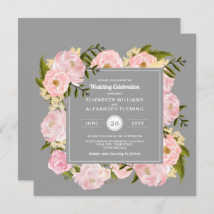 Blush Pink Wasserfarbe Peonies Grau Hochzeit Einladung