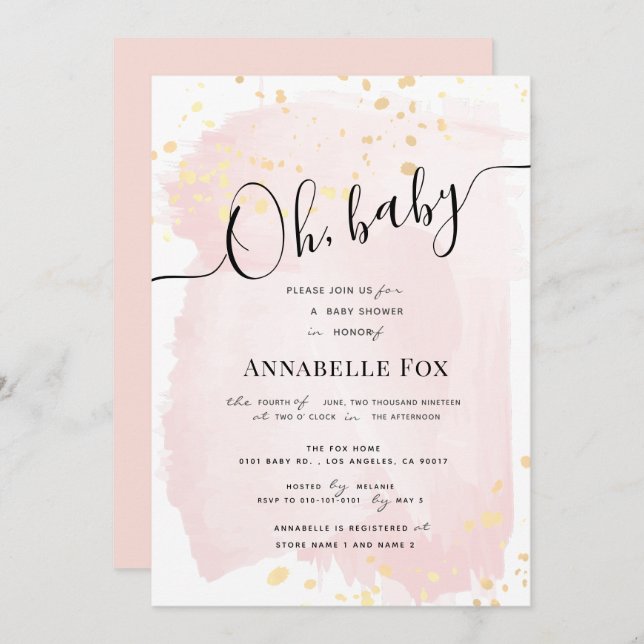 Blush Pink Wasserfarbe x Gold Spritzer Kinderdusch Einladung (Vorne/Hinten)