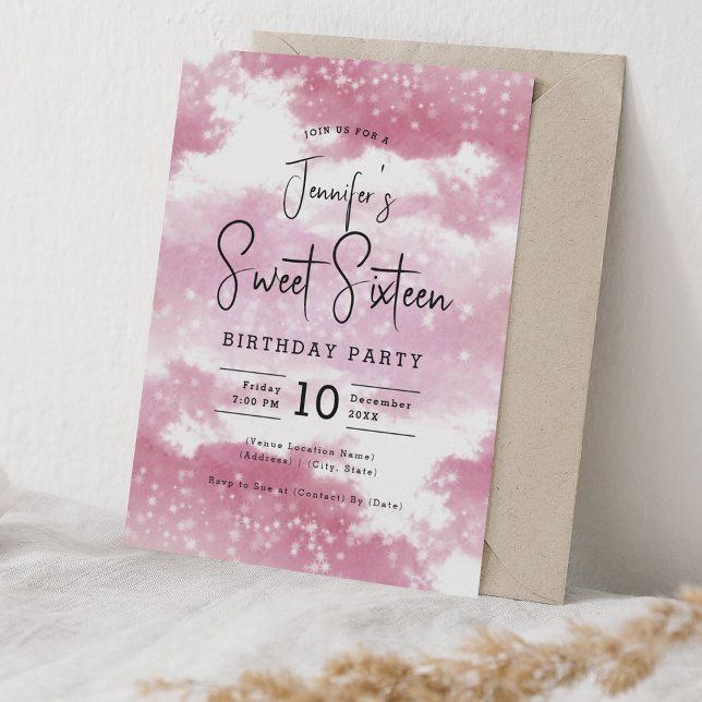 Blush Pink Wasserfarbenwolken Sweet 16 Party Einladung (Blush Pink Watercolor Clouds Sweet 16 Party Invitation)