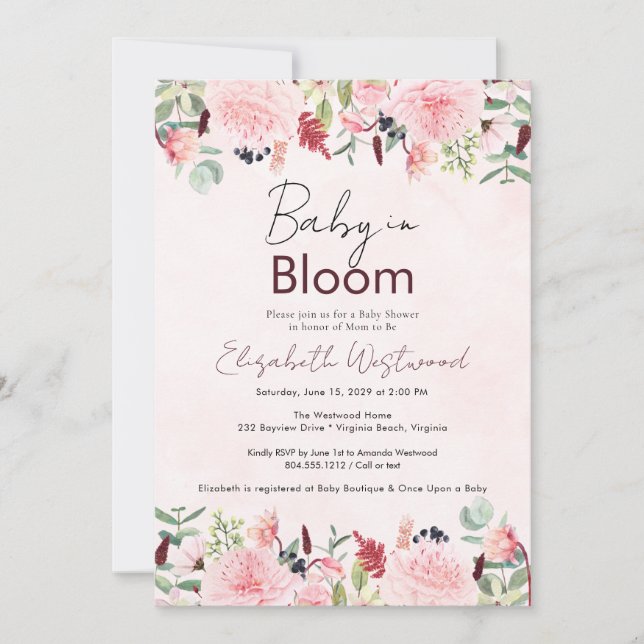 Blush Pink Watercolor Baby in Bloom Baby Dusche Einladung (Vorderseite)