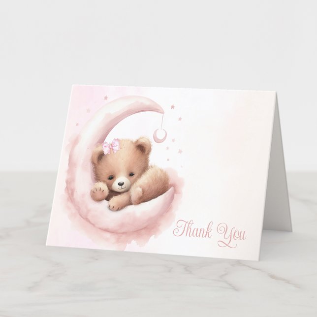 Blush Pink Watercolor Bear Girl Babydusche Dankeskarte (Leave blank for your handwritten note when they arrive, or add a message.)