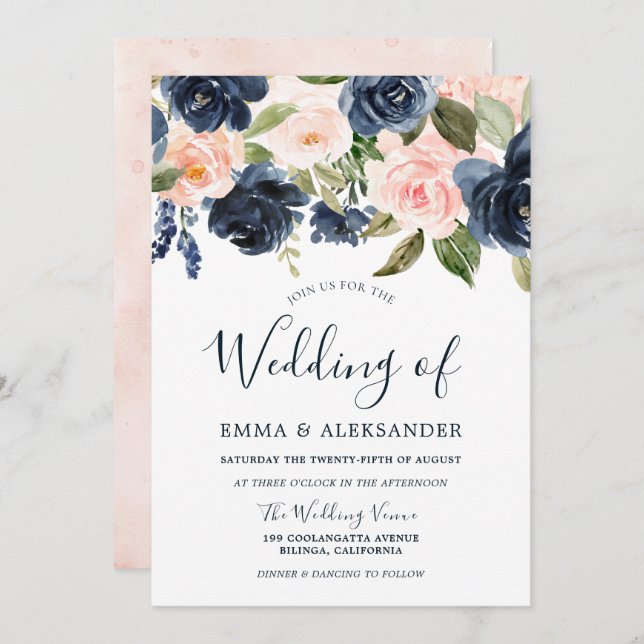 Blush Pink Watercolor Blume Hochzeit der Marine Einladung (Vorne/Hinten)