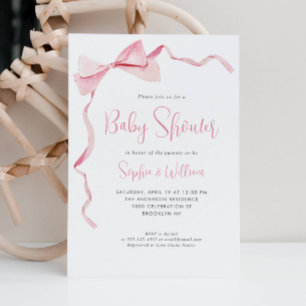 Blush Pink Watercolor Bow Ribbon Girl Babydusche Einladung