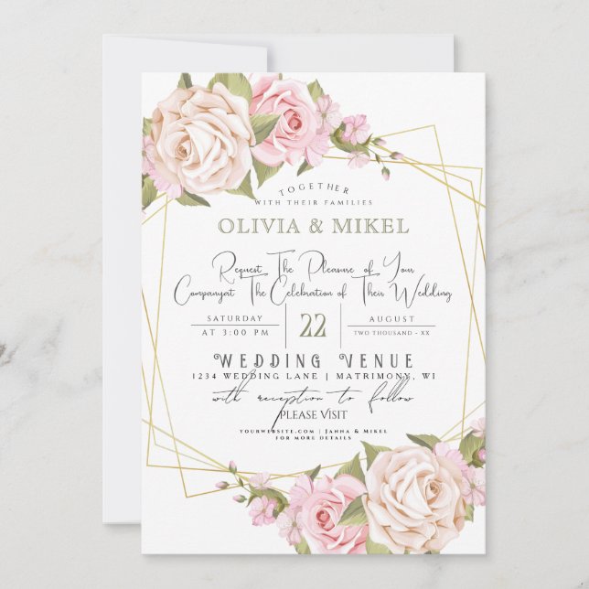 BLUSH PINK WATERCOLOR FLORAL & FRAME GOLD WEDD EINLADUNG (Vorderseite)