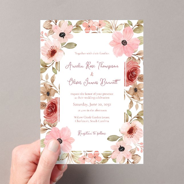 Blush Pink Watercolor Floral Romantic Wedding Acryleinladungen (Insitu (Handheld))