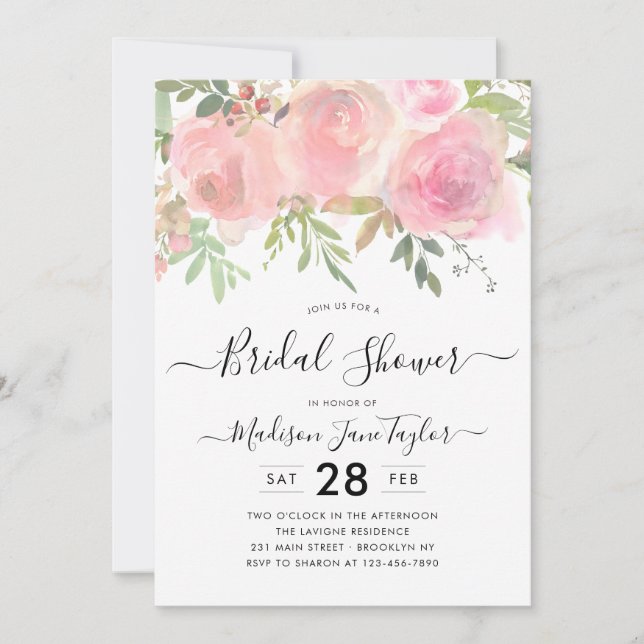 Blush Pink Watercolor Floral Script Brautparty Einladung (Vorderseite)