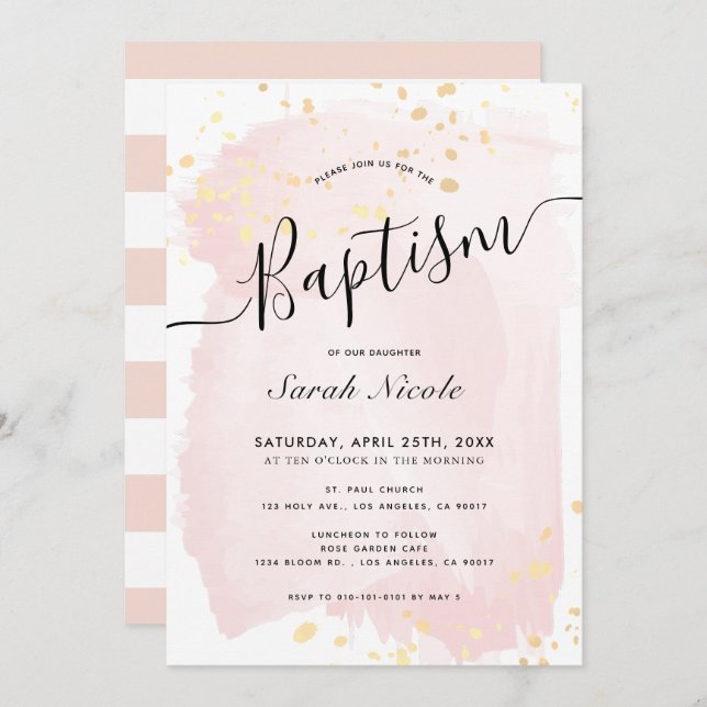 Blush Pink Watercolor Gold Spritzer Girl Taufe Einladung (Vorne/Hinten)