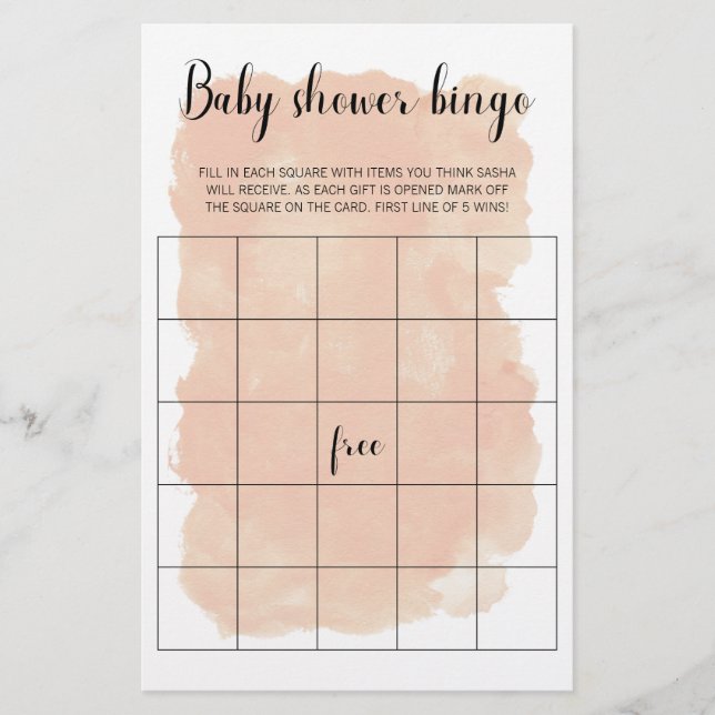 Blush Pink Watercolor Kinderdusche Bingo Spiel (Vorderseite)