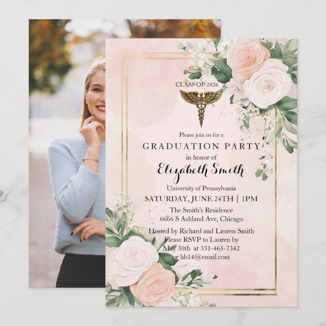 Blush Pink Watercolor Nursing Graduation Invitatio Einladung (Vorne/Hinten)