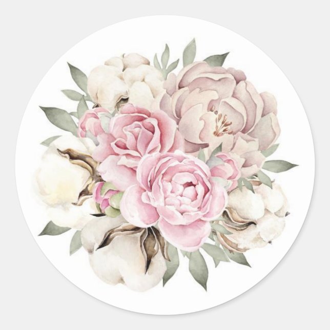 Blush Pink Watercolor Peony Cotton Wedding Runder Aufkleber (Vorderseite)