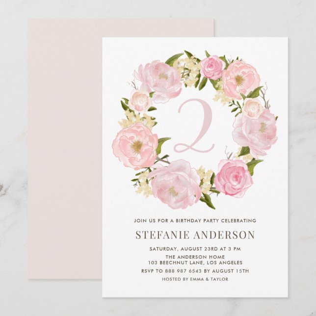 Blush Pink Watercolor Peony Wreath Kindergeburtsta Einladung (Vorne/Hinten)